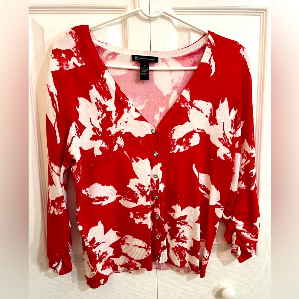INC Red/White Flower V-Neck Cardigan Size Medium